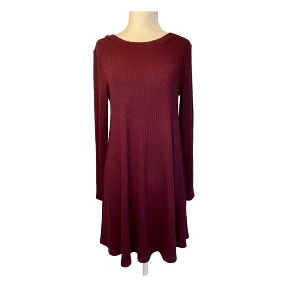 One Clothing Scoop Back Shift Mini Dress Maroon Ribbed Knit Long Sleeve S - Picture 1 of 4